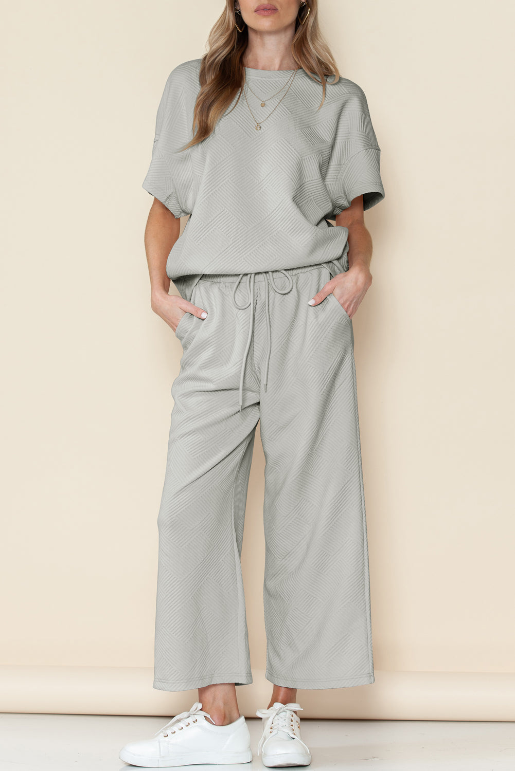 6 Color Choices - Textured Loose Fit T Shirt and Drawstring Pants Set