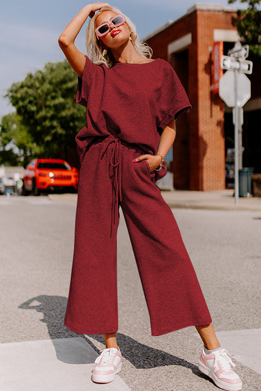 6 Color Choices - Textured Loose Fit T Shirt and Drawstring Pants Set
