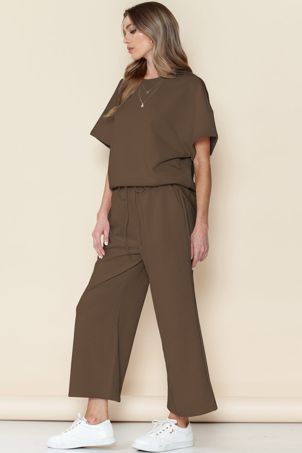 6 Color Choices - Textured Loose Fit T Shirt and Drawstring Pants Set