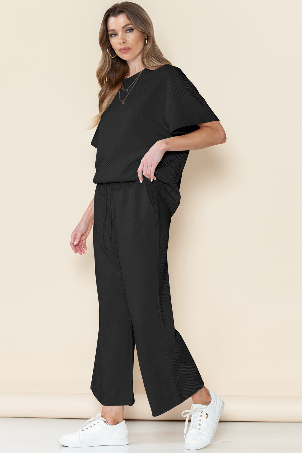 6 Color Choices - Textured Loose Fit T Shirt and Drawstring Pants Set