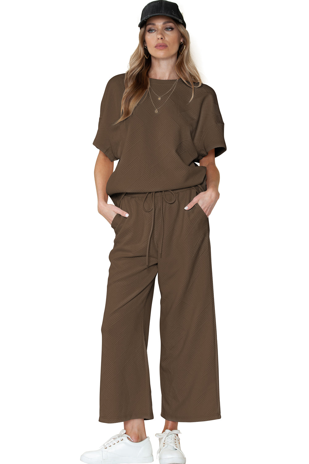 6 Color Choices - Textured Loose Fit T Shirt and Drawstring Pants Set