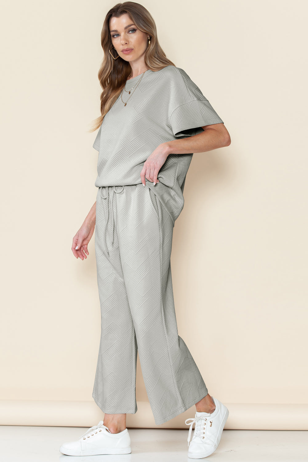 6 Color Choices - Textured Loose Fit T Shirt and Drawstring Pants Set