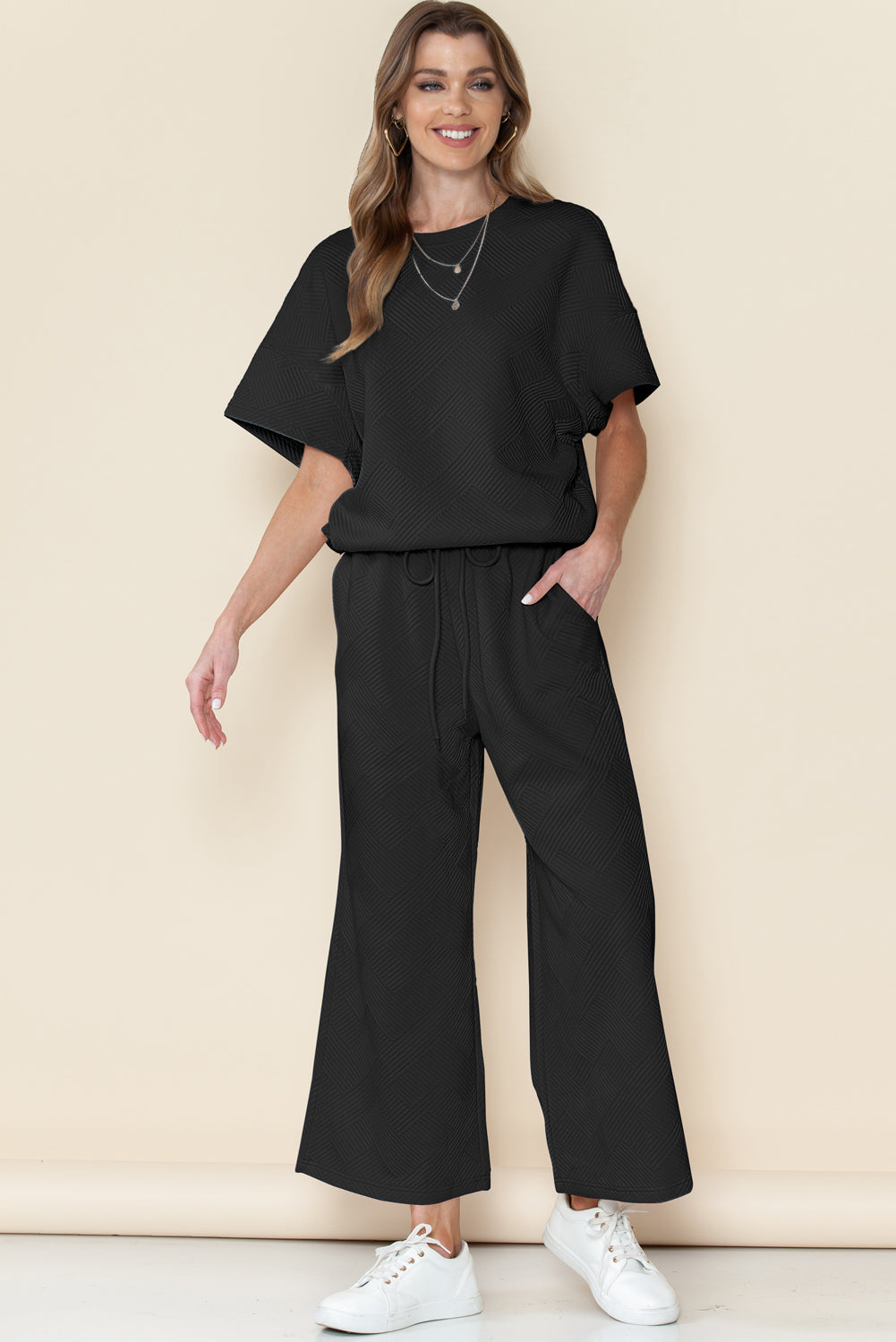 6 Color Choices - Textured Loose Fit T Shirt and Drawstring Pants Set