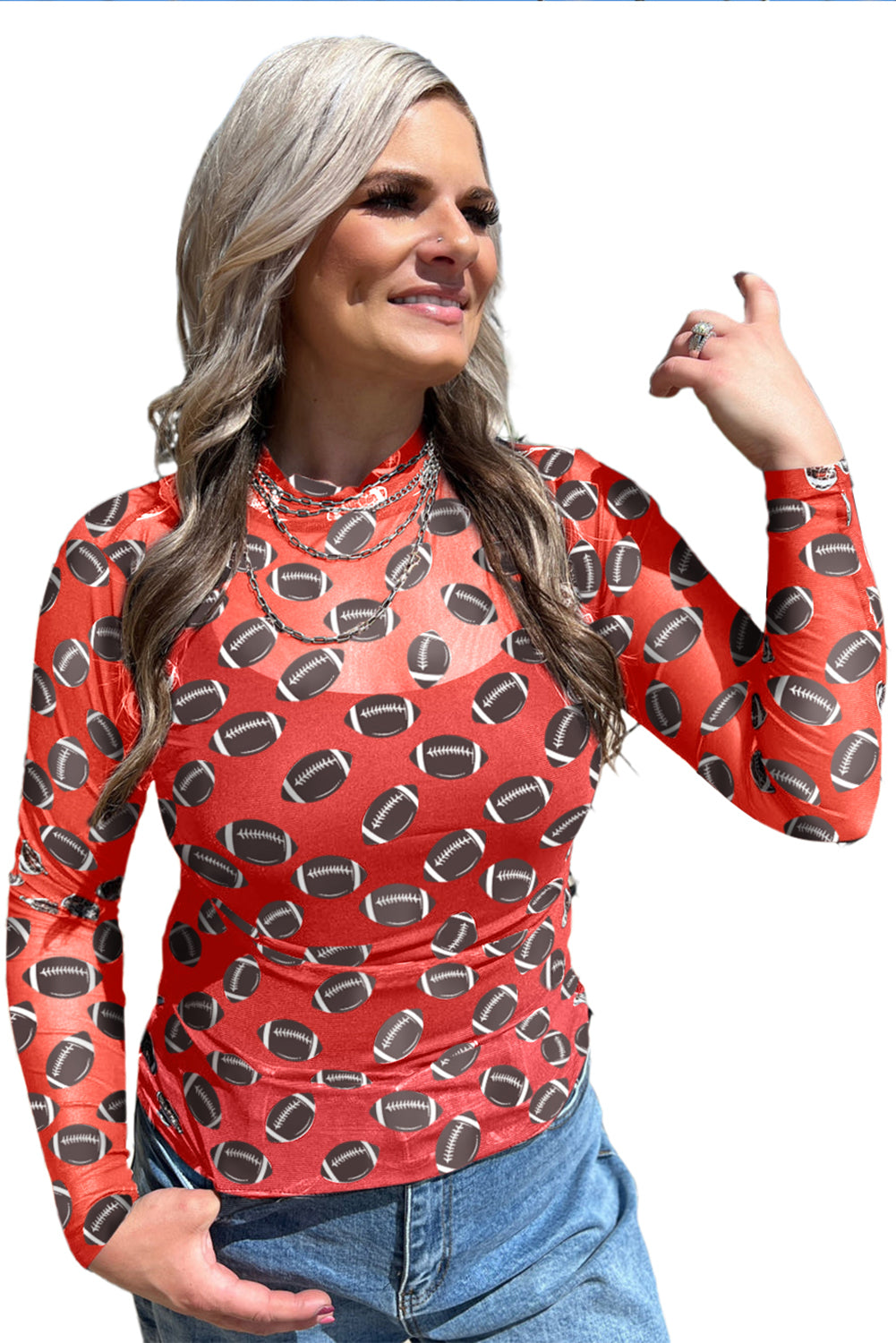 Red Game Day Football Mesh Sheer Long Sleeve Top