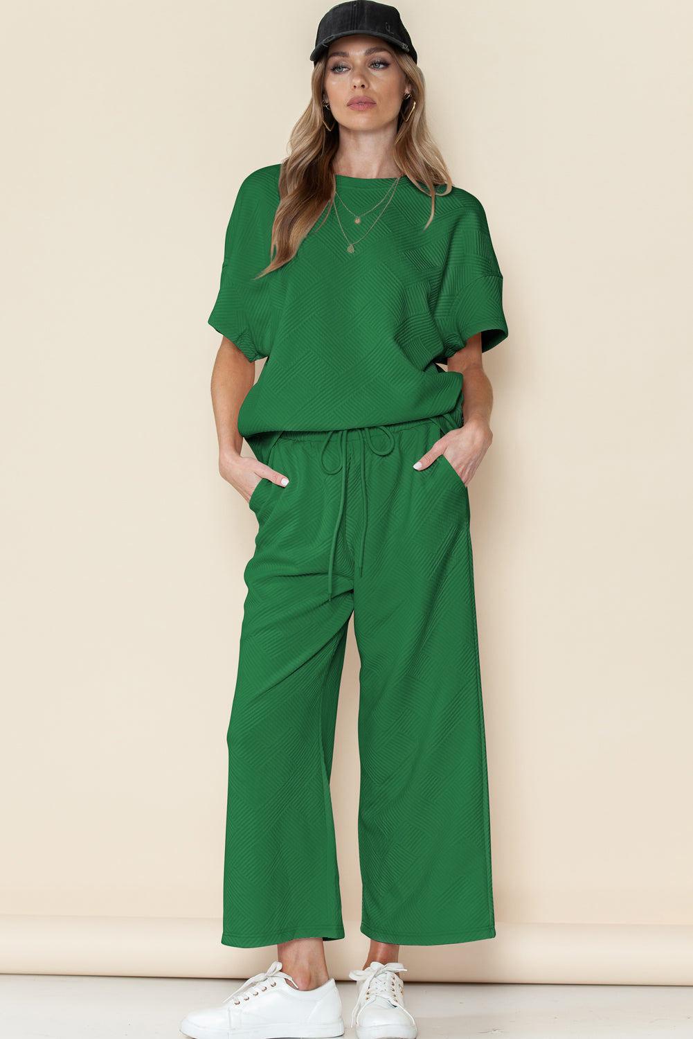 6 Color Choices - Textured Loose Fit T Shirt and Drawstring Pants Set