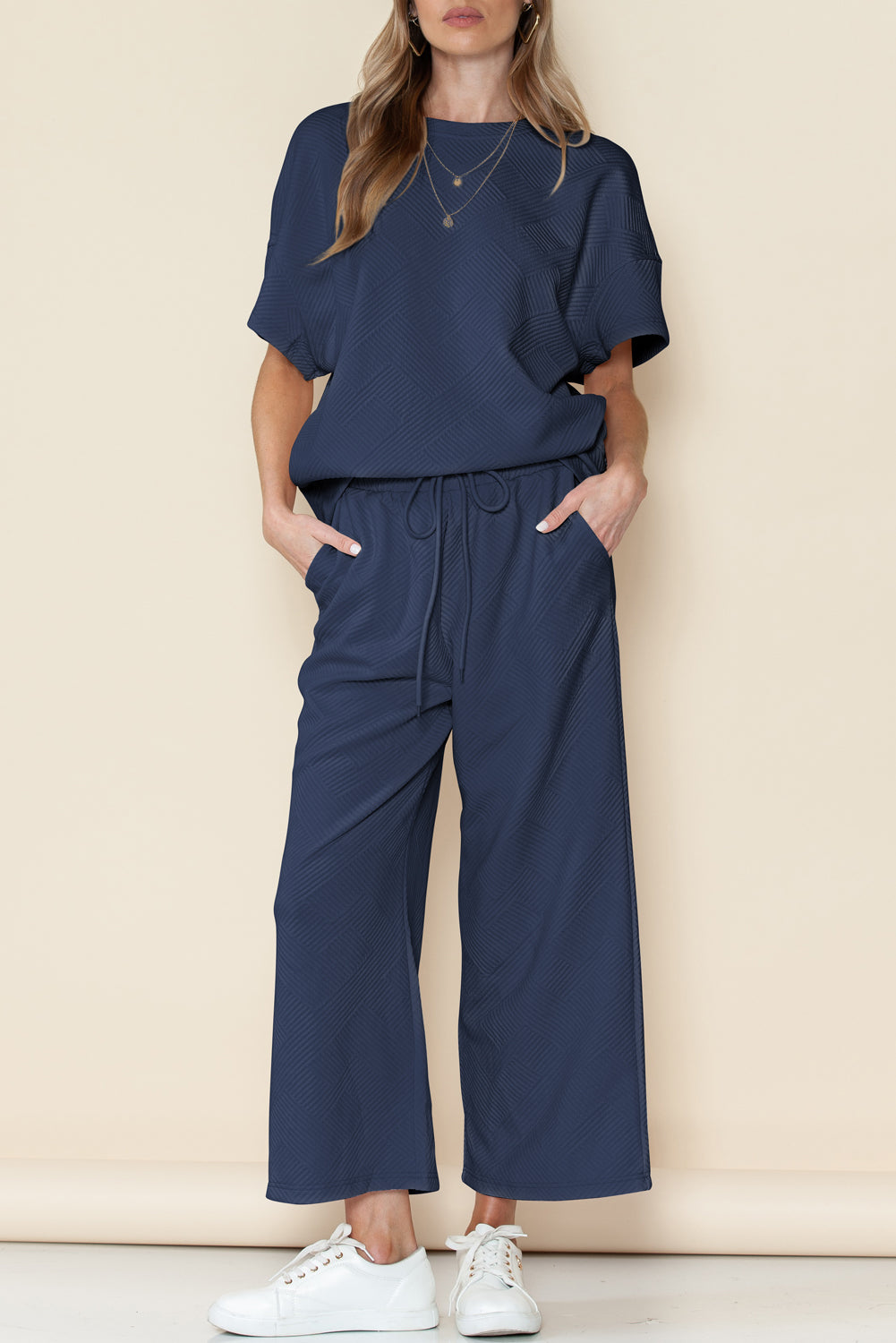 6 Color Choices - Textured Loose Fit T Shirt and Drawstring Pants Set