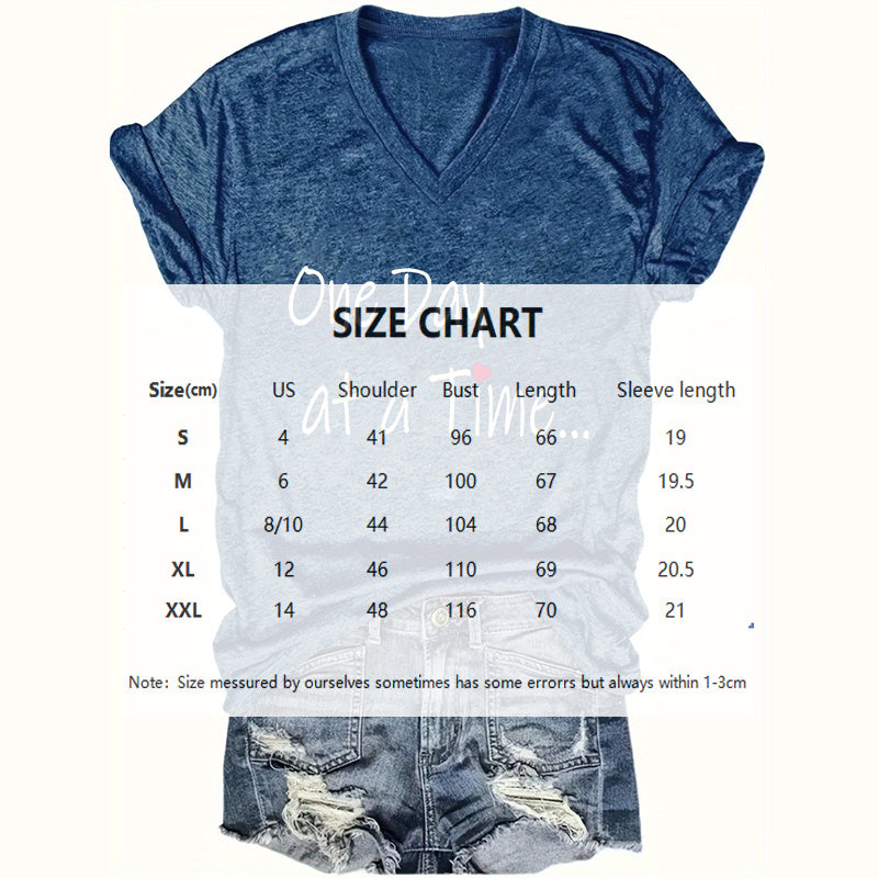Women's V-Neck Short Sleeve T-Shirt - 'One Day At A Time' Inspirational Print Casual Summer Top