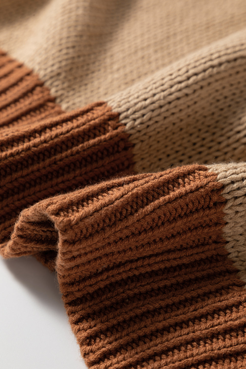 Light French Beige Contrast Stitch Detail Colorblock Knitted Plus Size Sweater