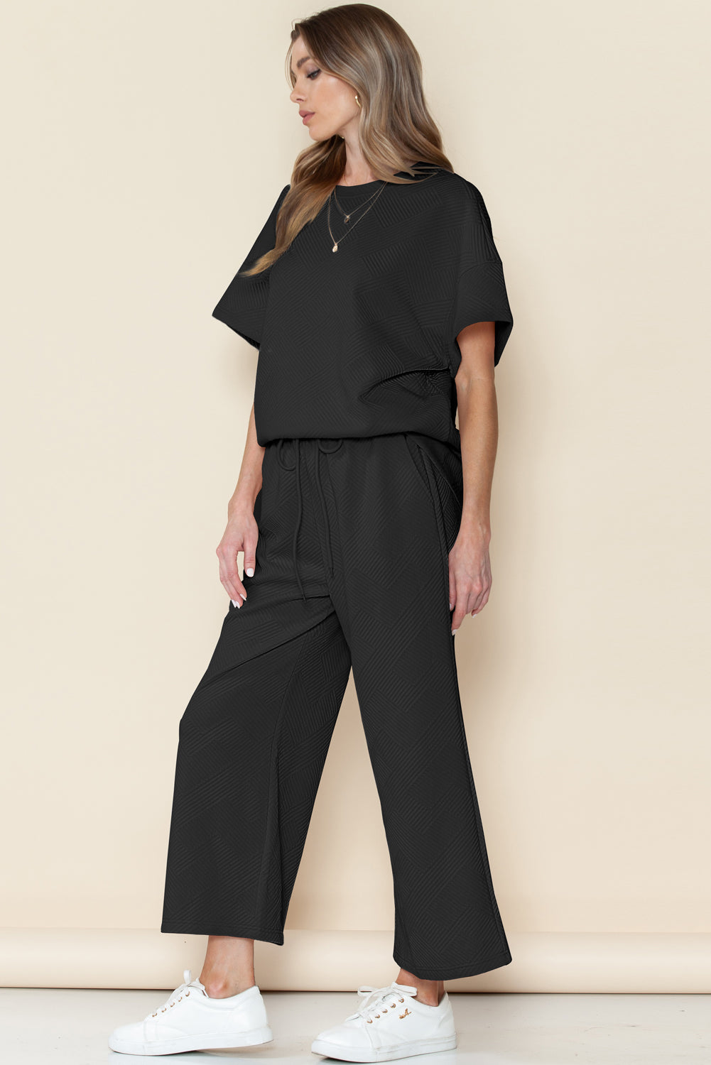 6 Color Choices - Textured Loose Fit T Shirt and Drawstring Pants Set
