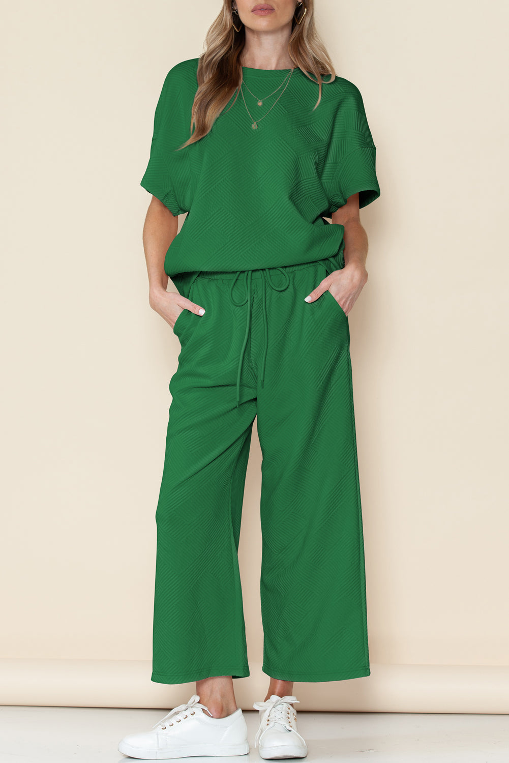 6 Color Choices - Textured Loose Fit T Shirt and Drawstring Pants Set