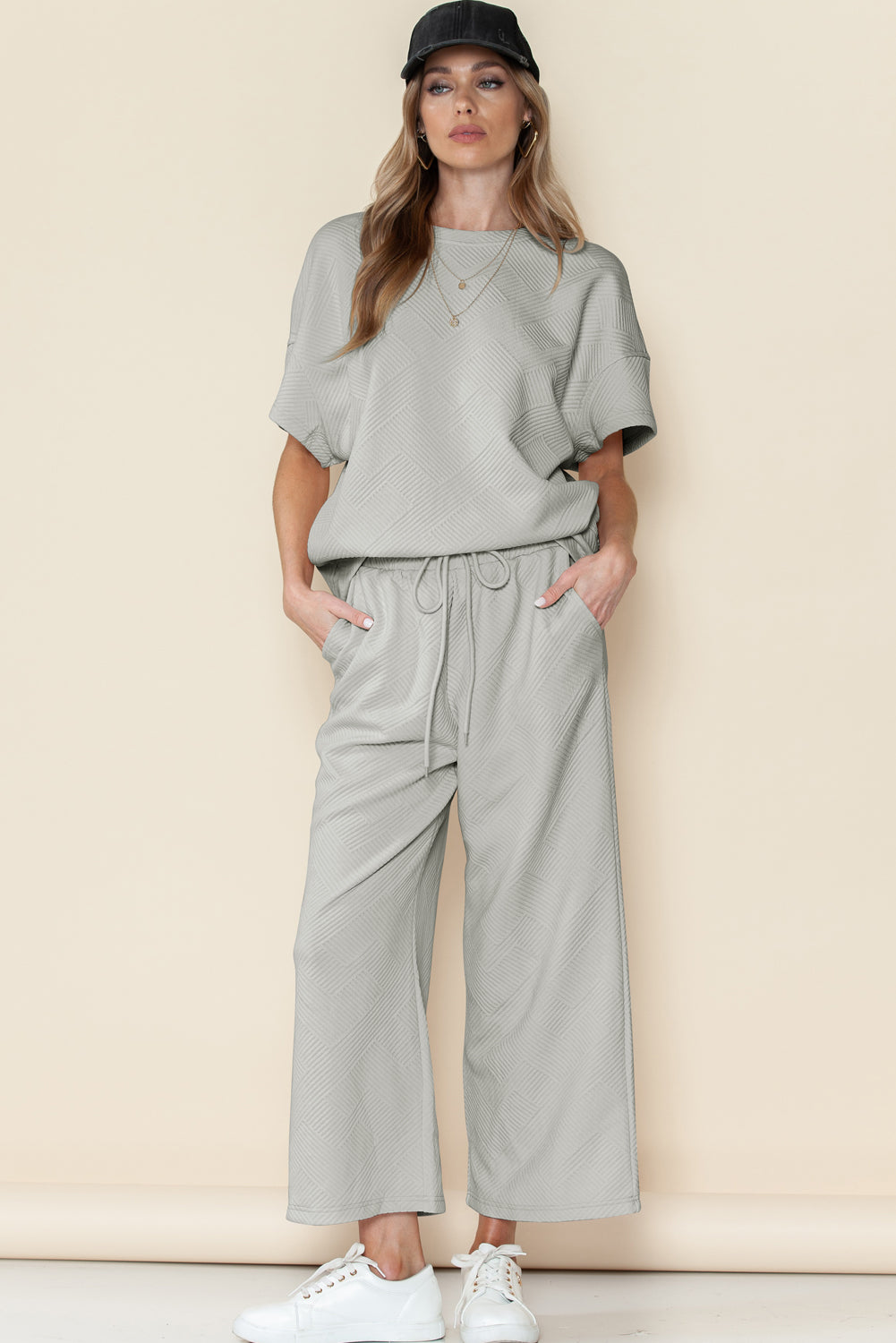 6 Color Choices - Textured Loose Fit T Shirt and Drawstring Pants Set