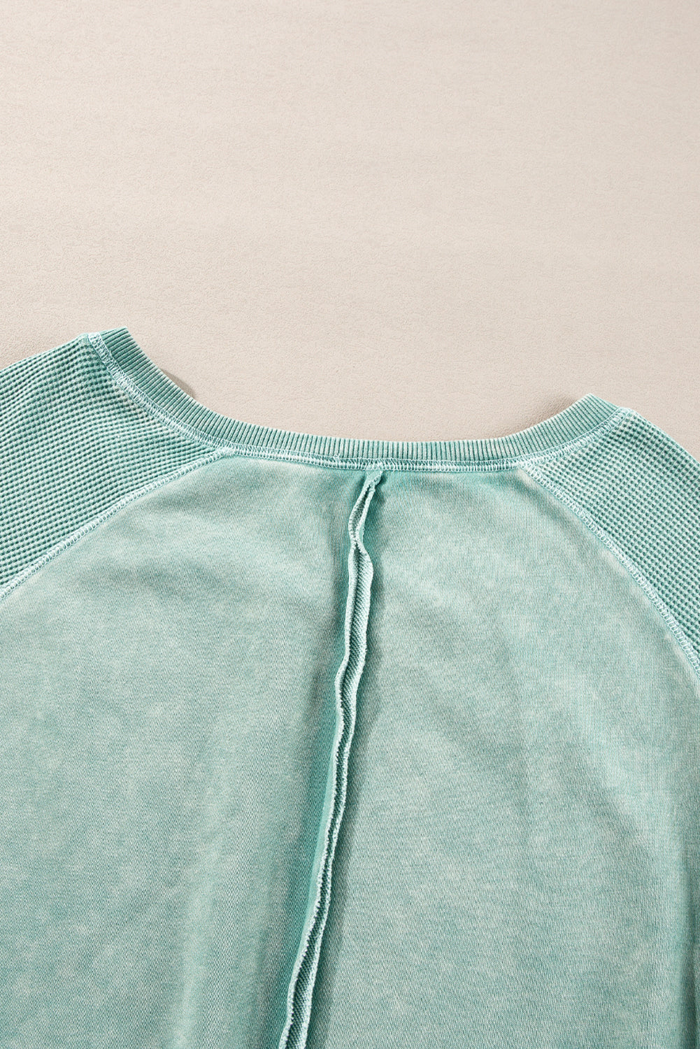 Mineral Blue Waffle Patchwork Raglan Sleeve Exposed Seam Sweatshirt