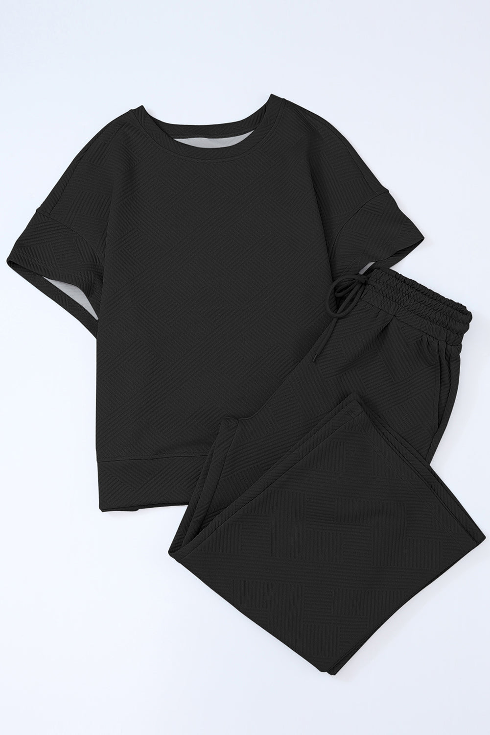 6 Color Choices - Textured Loose Fit T Shirt and Drawstring Pants Set