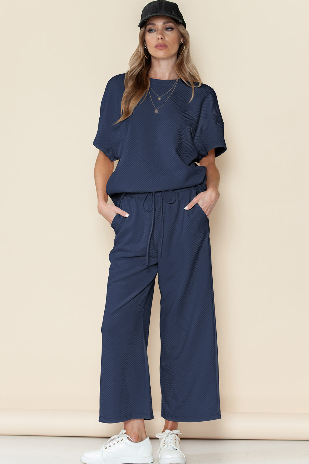 6 Color Choices - Textured Loose Fit T Shirt and Drawstring Pants Set