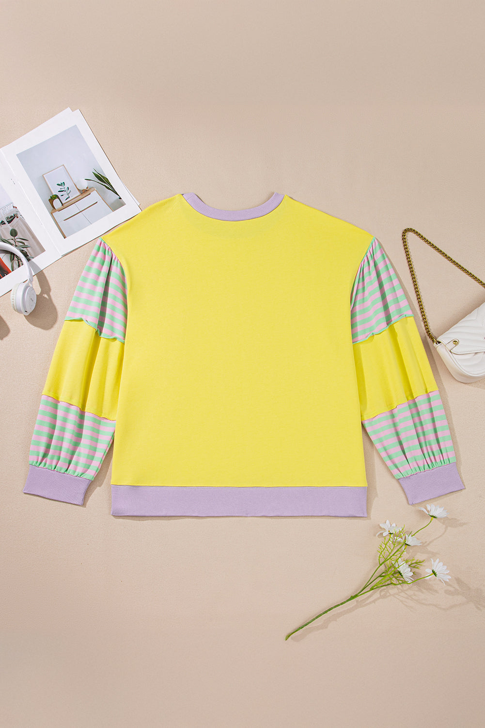 Yellow Striped Colorblock Patchwork Plus Size Pullover Sweatshirt
