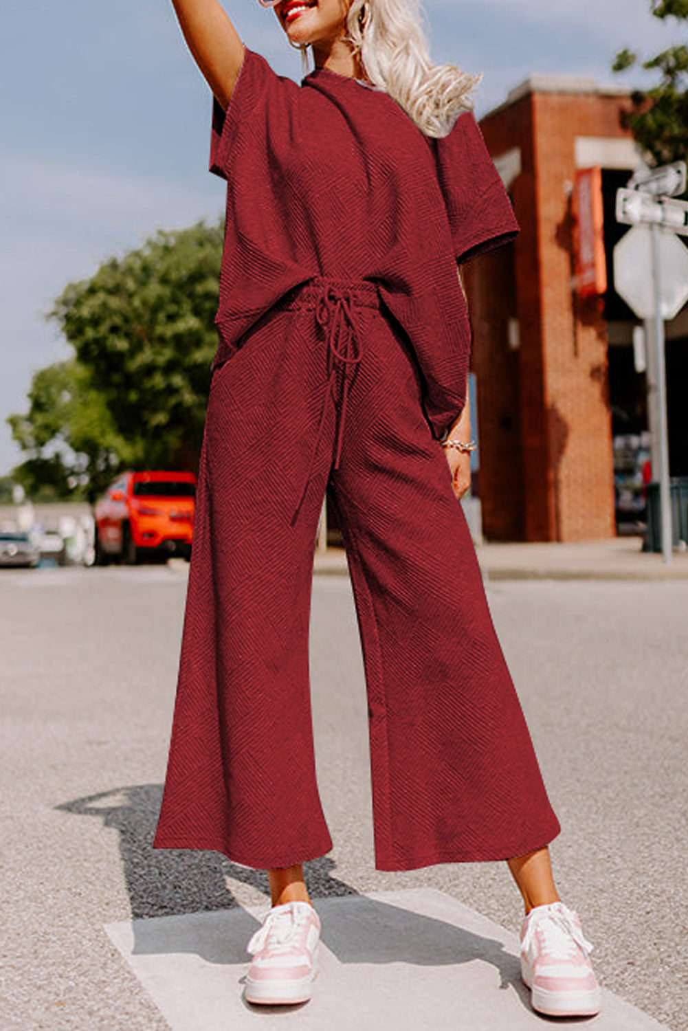 6 Color Choices - Textured Loose Fit T Shirt and Drawstring Pants Set