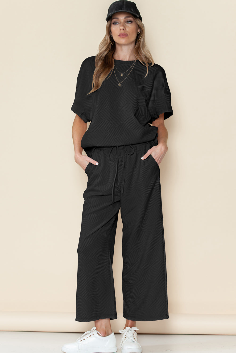 6 Color Choices -  Textured Loose Fit T Shirt and Drawstring Pants Set