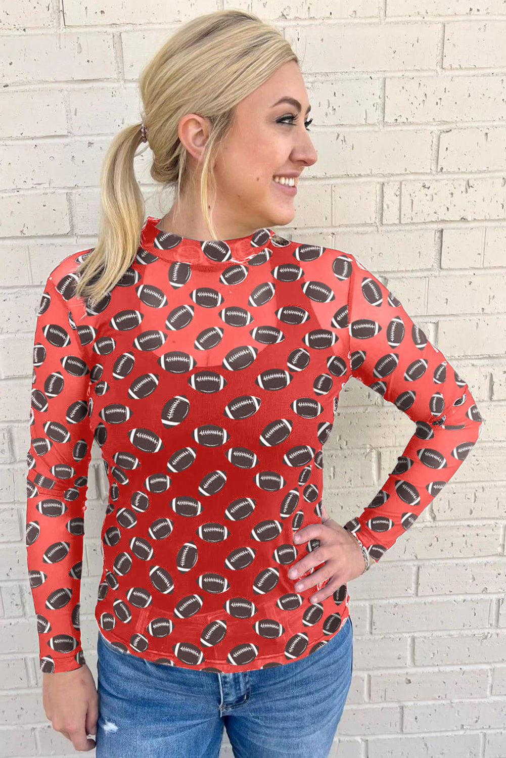 Red Game Day Football Mesh Sheer Long Sleeve Top