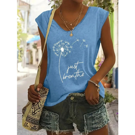 Women's V-Neck Dandelion & Letter Print T-Shirt - Casual Short Sleeve Summer Top