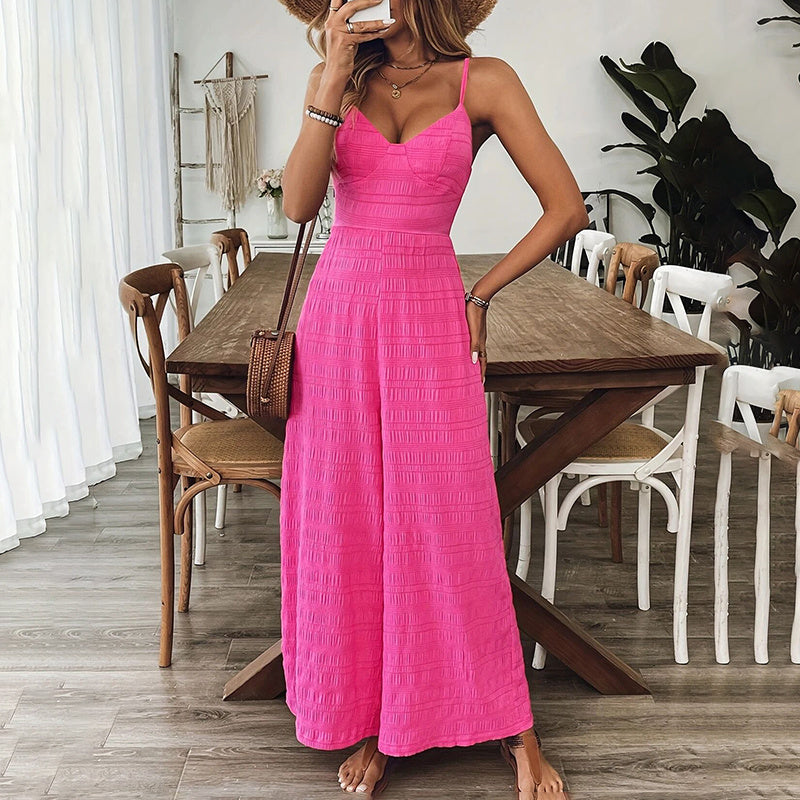 Women's Elegant Pink Sleeveless Jumpsuit With Back Bow V-Neck Palazzo Pants, Vintage Style Casual Beachwear For Spring & Summer