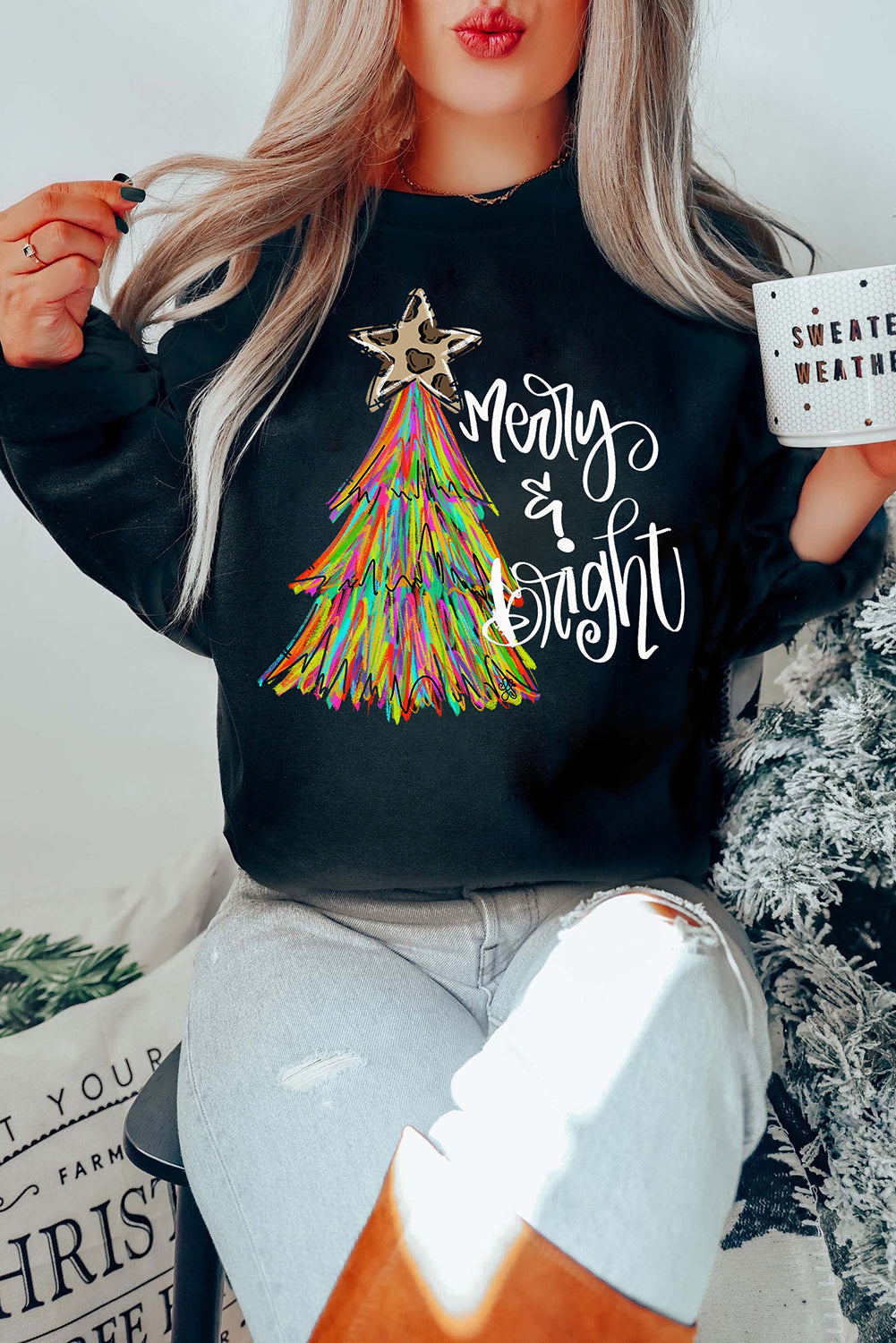 Black Merry Bright Christmas Tree Graphic Heat Transfer Printing Sweatshirt