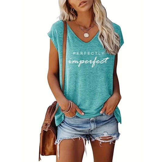 Women's V-Neck Basic Short Sleeve Tee - English Slogan Print - Summer Casual Top