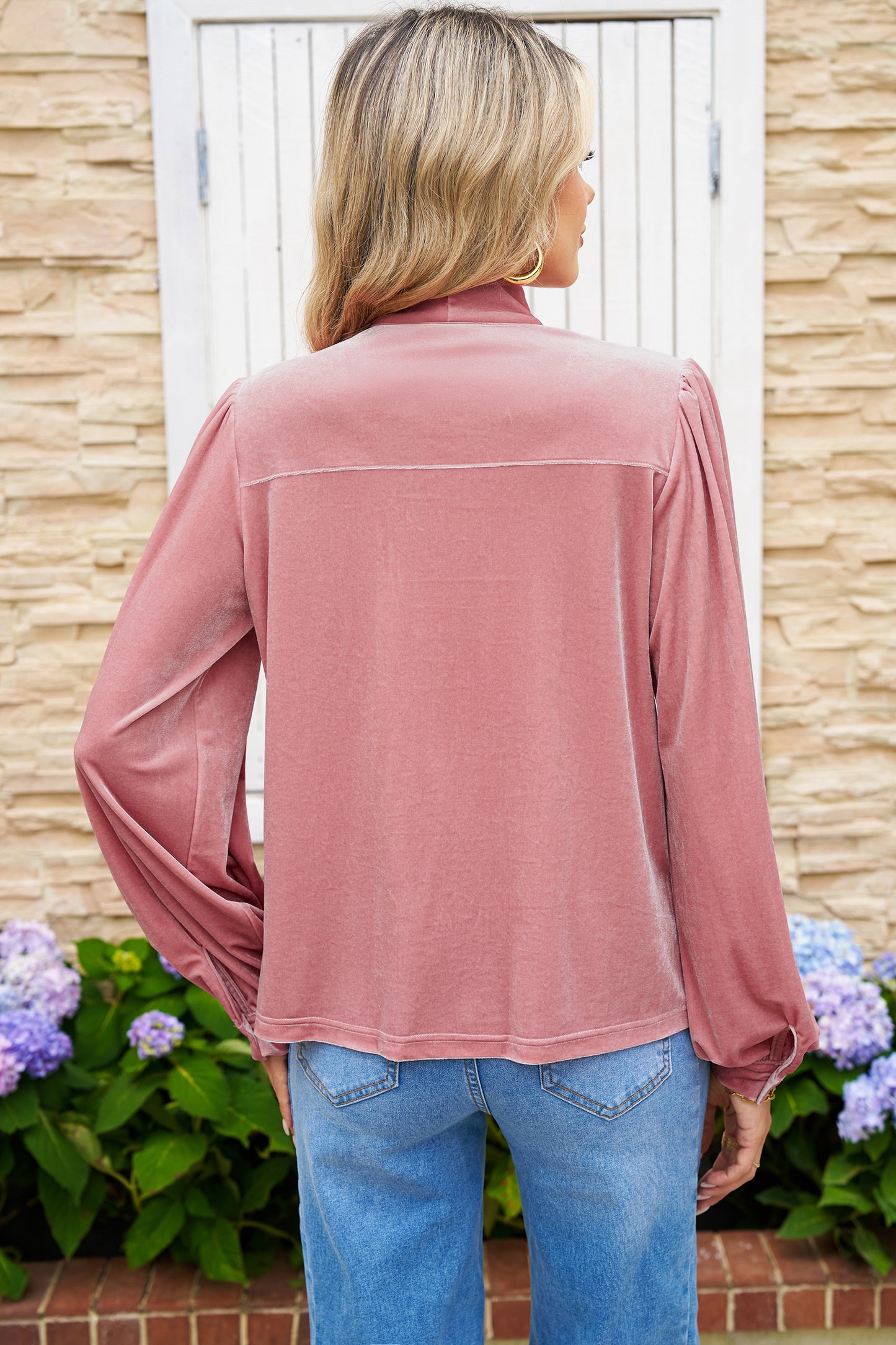 Fushia Velvet Long Sleeve Stand Neck Knot Blouse