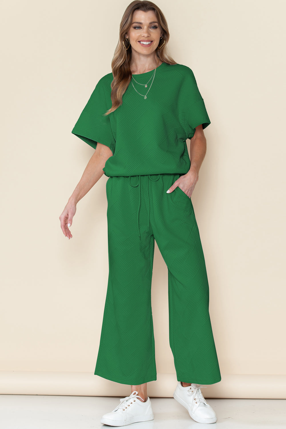 6 Color Choices -  Textured Loose Fit T Shirt and Drawstring Pants Set