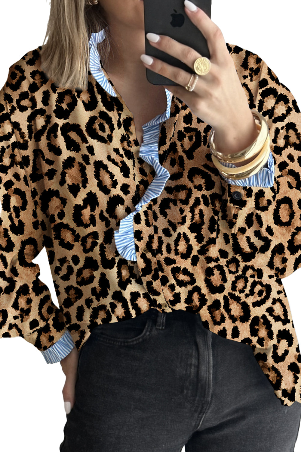 Brown Leopard Print Striped Frill Neck Button Long Sleeve Shirt