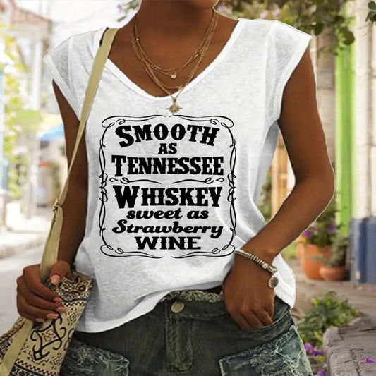 Women's V-Neck Letter Print Short Sleeve Tee - Summer Casual Top