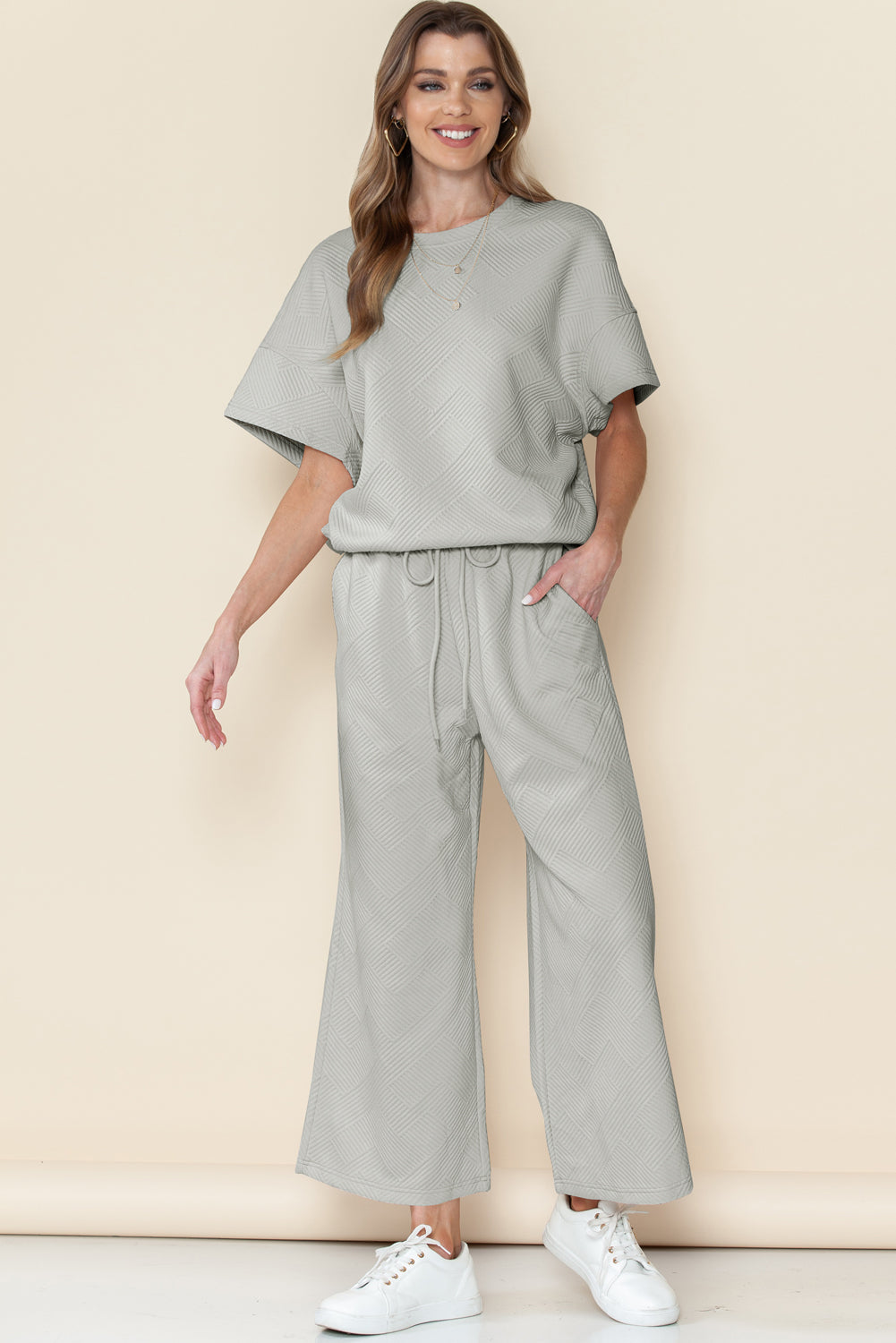 6 Color Choices -  Textured Loose Fit T Shirt and Drawstring Pants Set