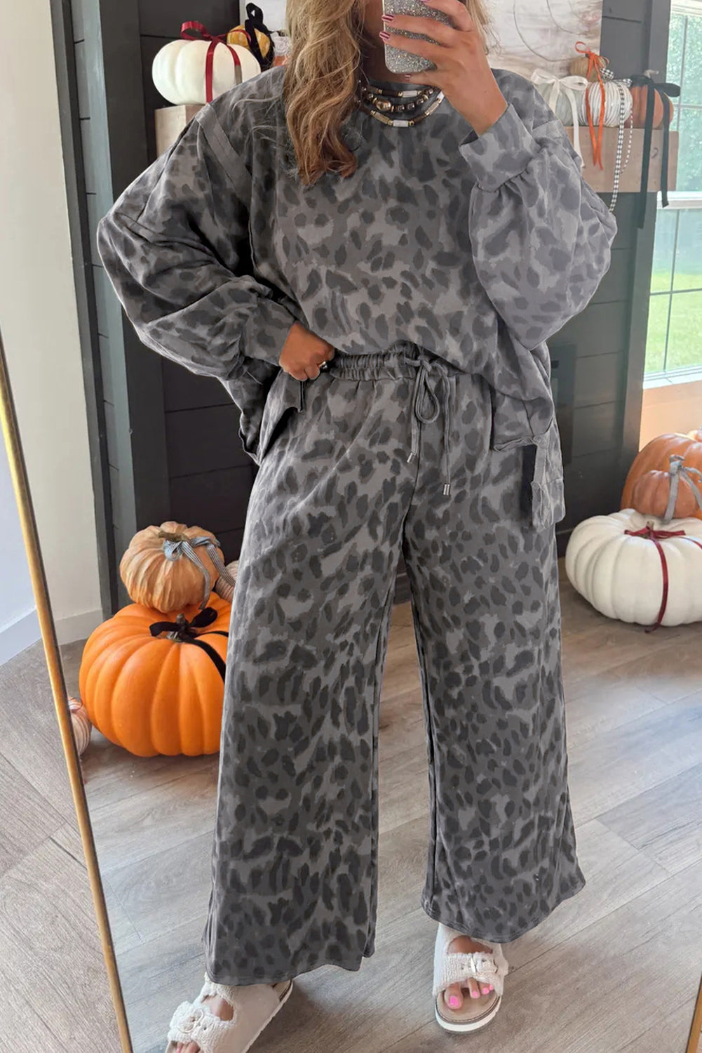 Gray Allover Leopard Print Pullover Drawstring Loose Pants Set