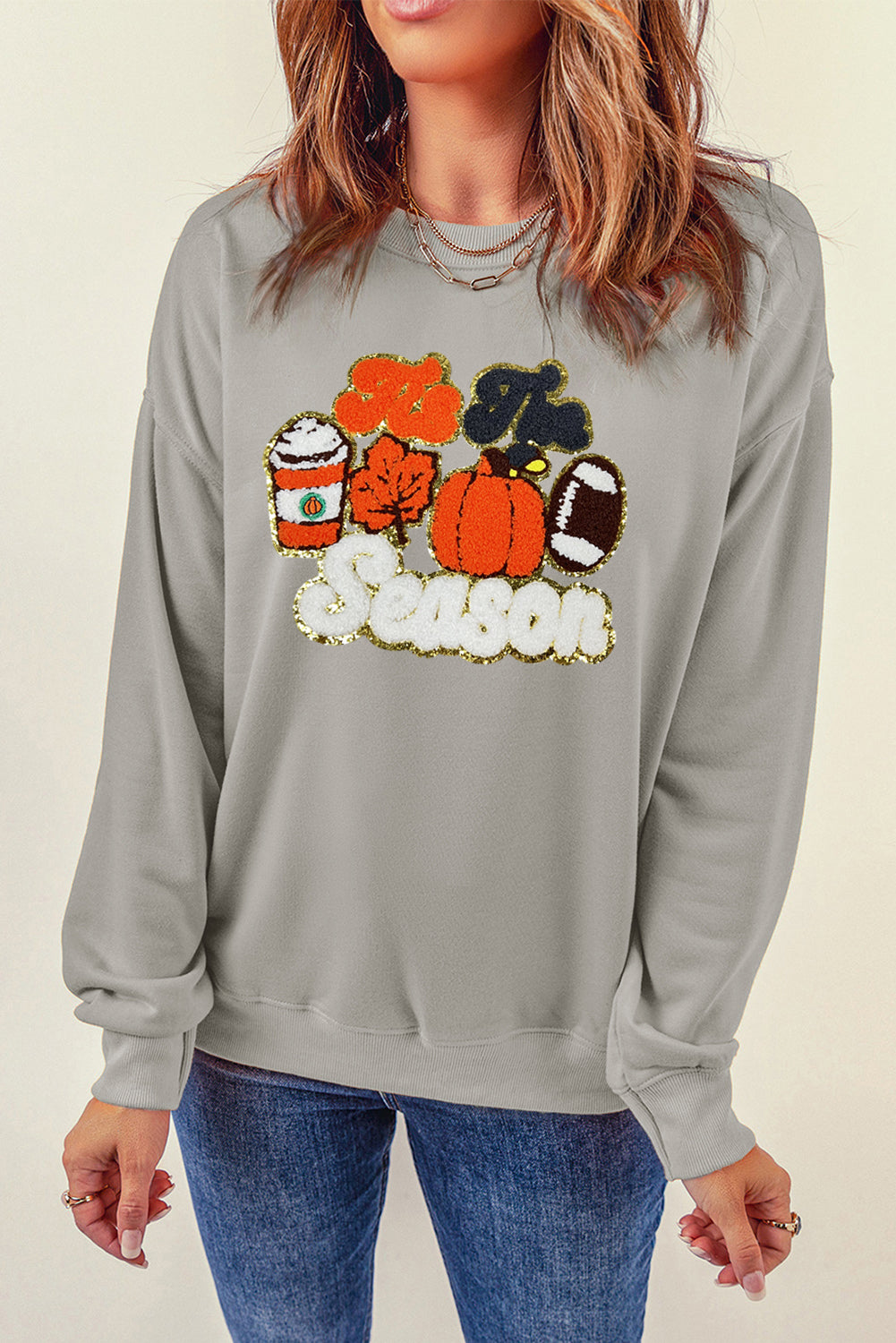 Gray Fall Season Pumpkin Football Graphic Sweatshirt