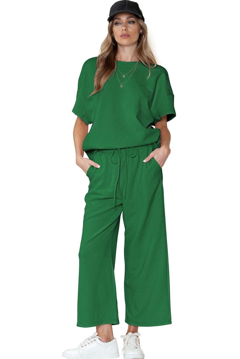6 Color Choices -  Textured Loose Fit T Shirt and Drawstring Pants Set