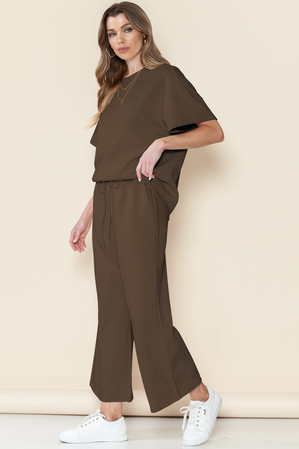 6 Color Choices -  Textured Loose Fit T Shirt and Drawstring Pants Set