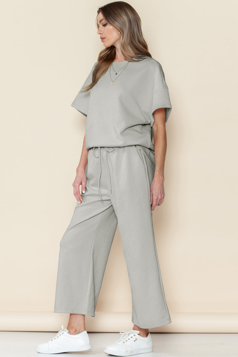 6 Color Choices -  Textured Loose Fit T Shirt and Drawstring Pants Set