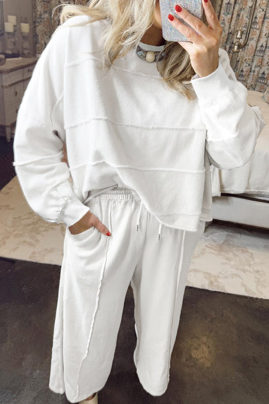 White Textured Raw Seam Plus Size Pullover Top and Drawstring Pants Set