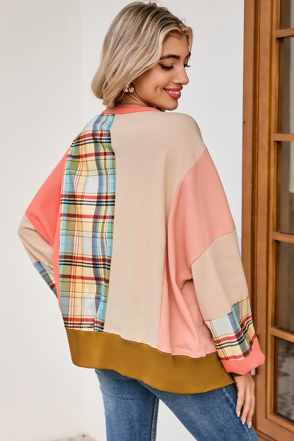 Multicolor Plaid Flower Patchwork Waffle Drop Shoulder Loose Top