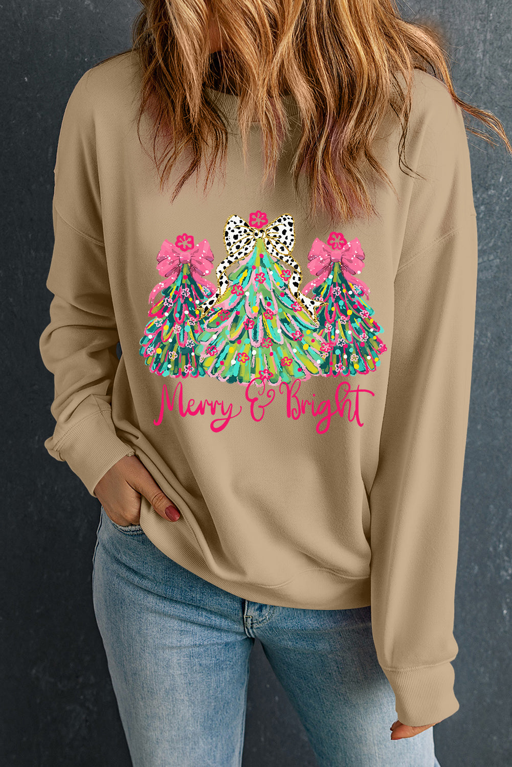Khaki Merry & Bright Christmas Tree Heat Transfer Printing Pullover Sweatshirt