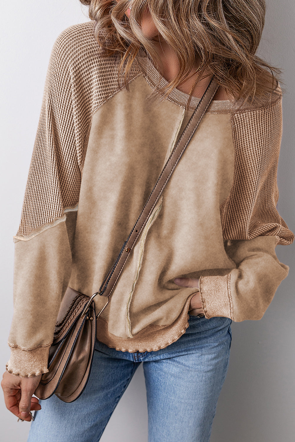 Light French Beige Patchwork Raglan Sleeve Exposed Seam Sweatshirt