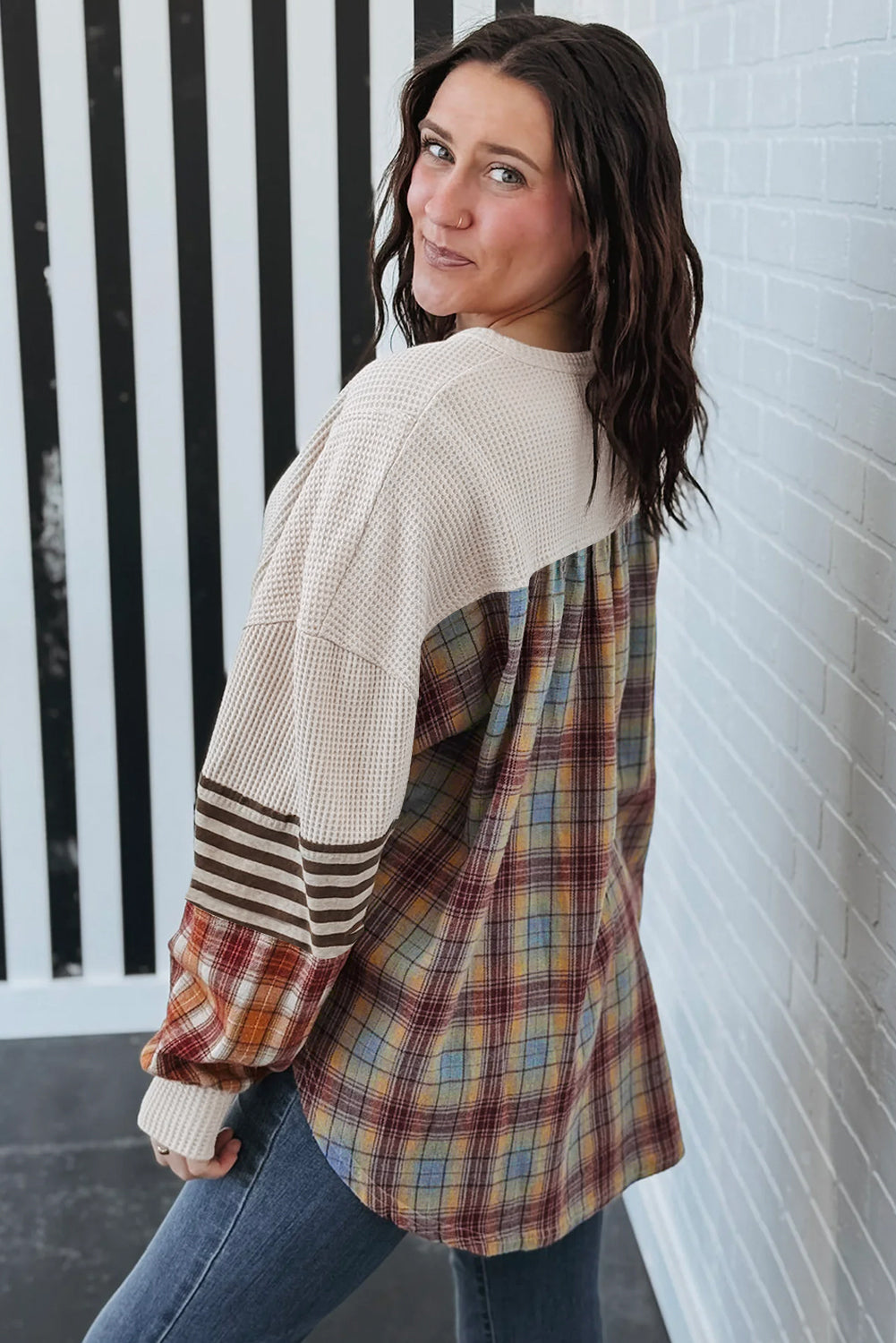 Parchment Plus Size Waffle Striped Plaid Patchwork Henley Pullover