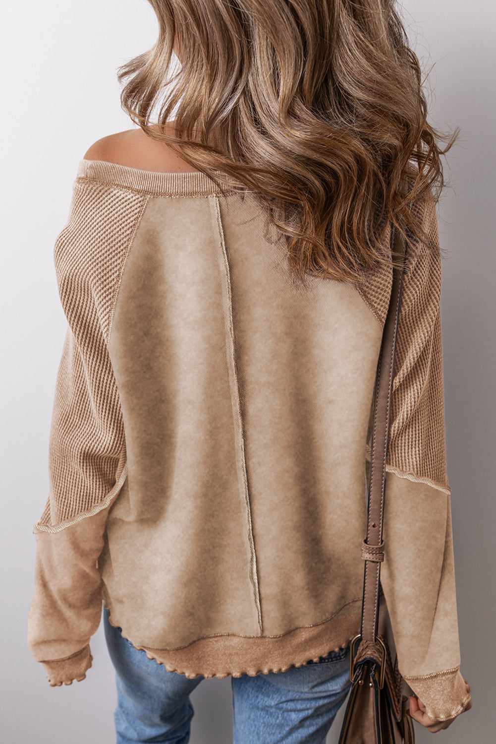 Light French Beige Patchwork Raglan Sleeve Exposed Seam Sweatshirt