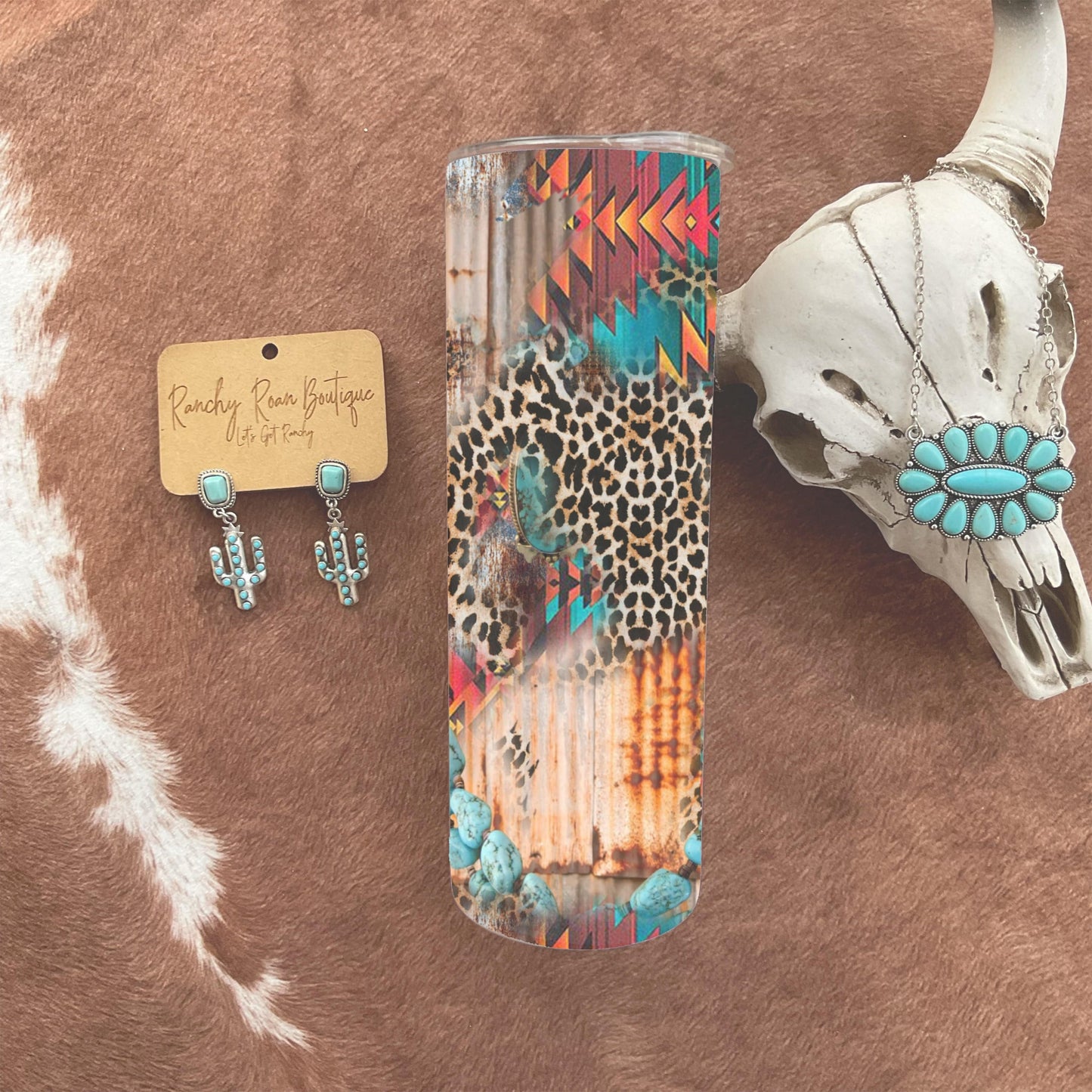 Aztec Turquoise Leopard 20oz Western Skinny Tumbler