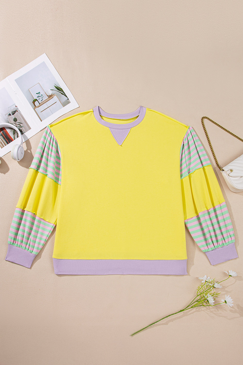 Yellow Striped Colorblock Patchwork Plus Size Pullover Sweatshirt