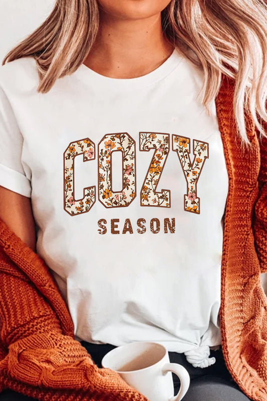 White COZY SEASON Floral Cracking Letter Graphic Tee