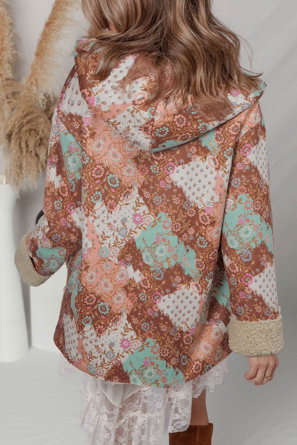 Khaki Vintage Paisley Floral Printed Sherpa Lined Hooded Jacket