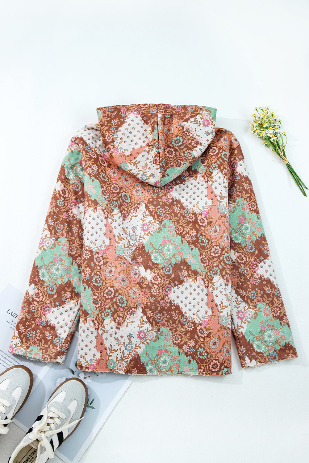 Khaki Vintage Paisley Floral Printed Sherpa Lined Hooded Jacket