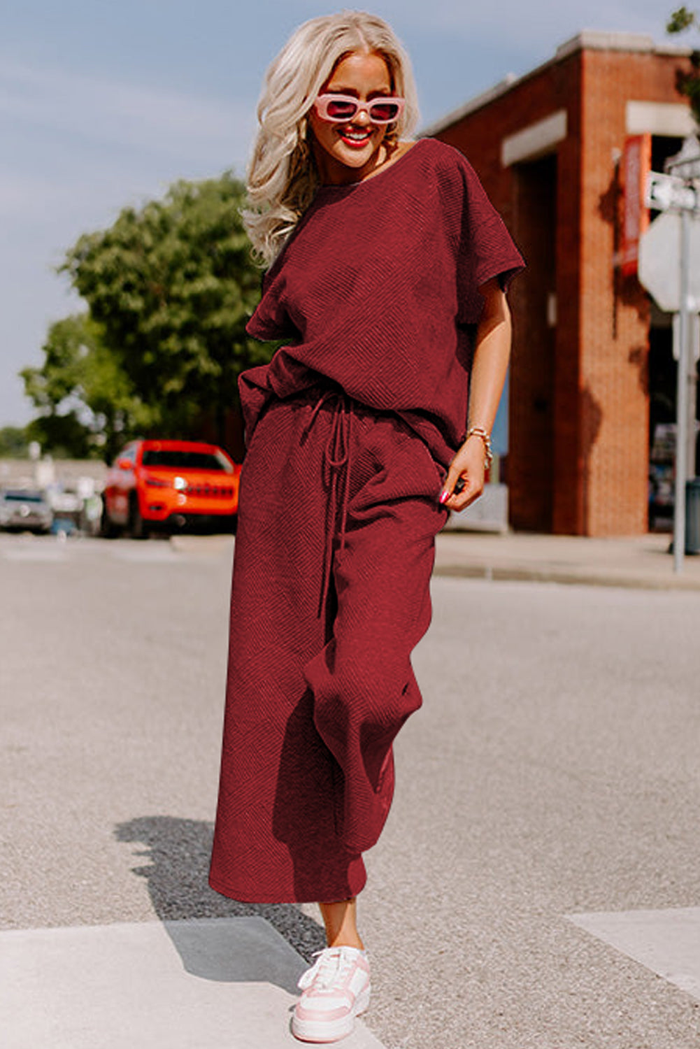 6 Color Choices -  Textured Loose Fit T Shirt and Drawstring Pants Set