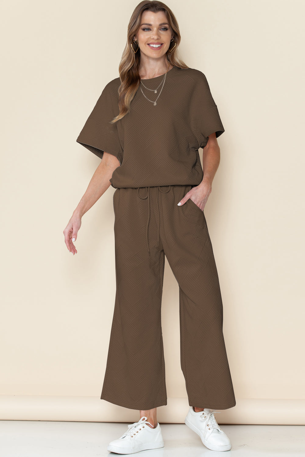 6 Color Choices -  Textured Loose Fit T Shirt and Drawstring Pants Set