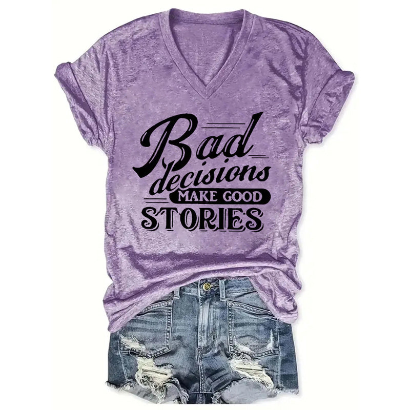 Women's V-Neck Street Style T-Shirt - Trendy Slogan Print - Summer Casual Short Sleeve Top